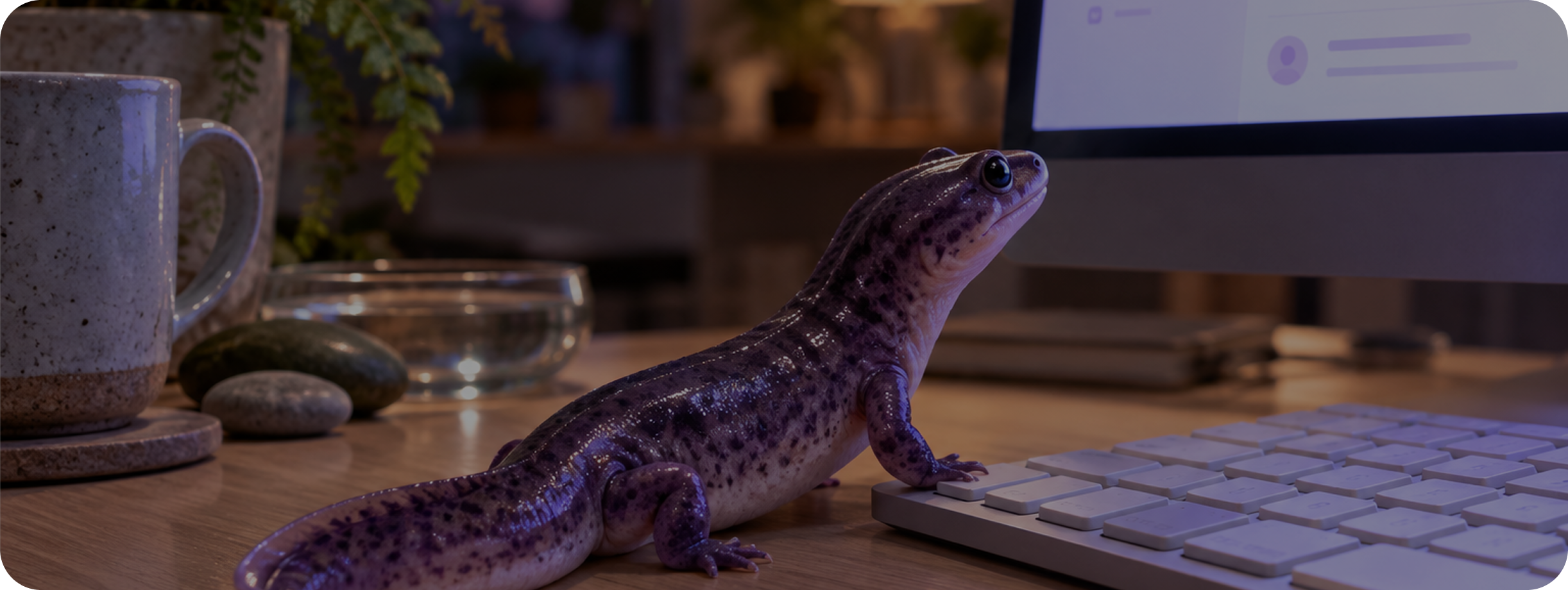 A purple newt on a desk beside a keyboard and monitor