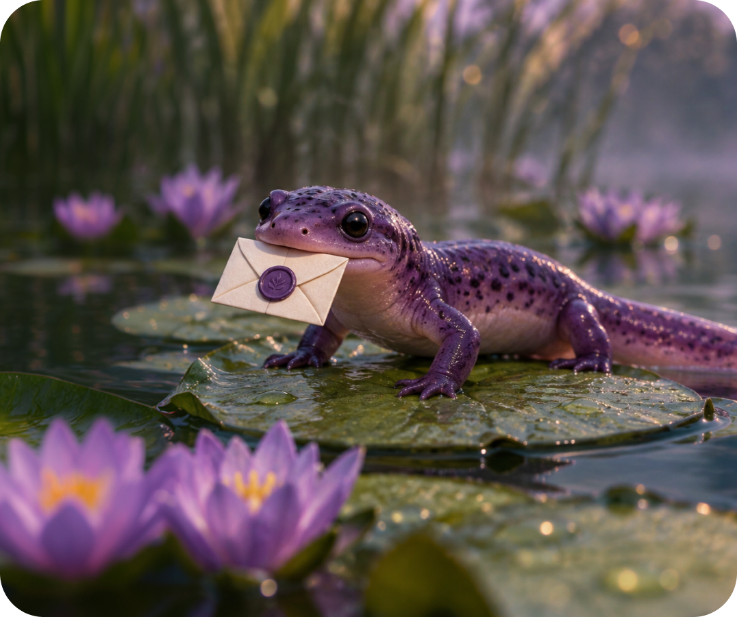 A purple newt on a lily pad carrying a sealed envelope